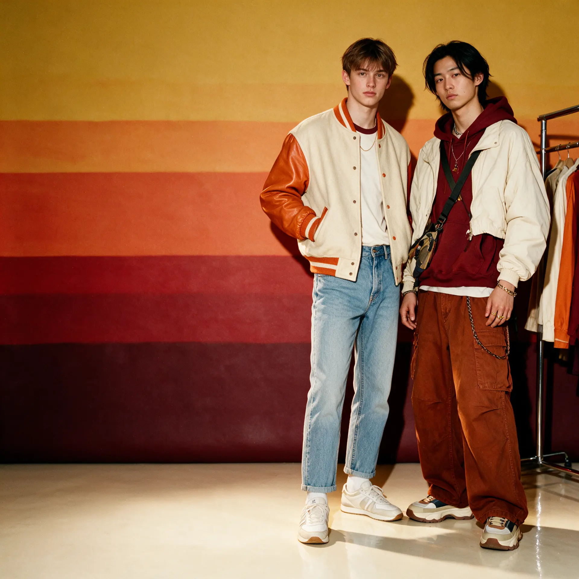Two models in retro-inspired streetwear against a warm orange and burgundy backdrop
